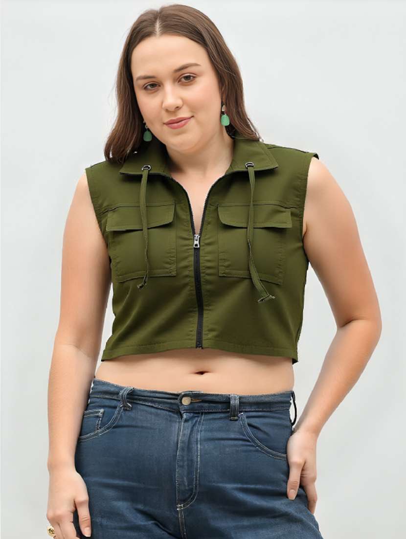 women plus size solid collared sleeveless crop top - 21960569 -  Standard Image - 1