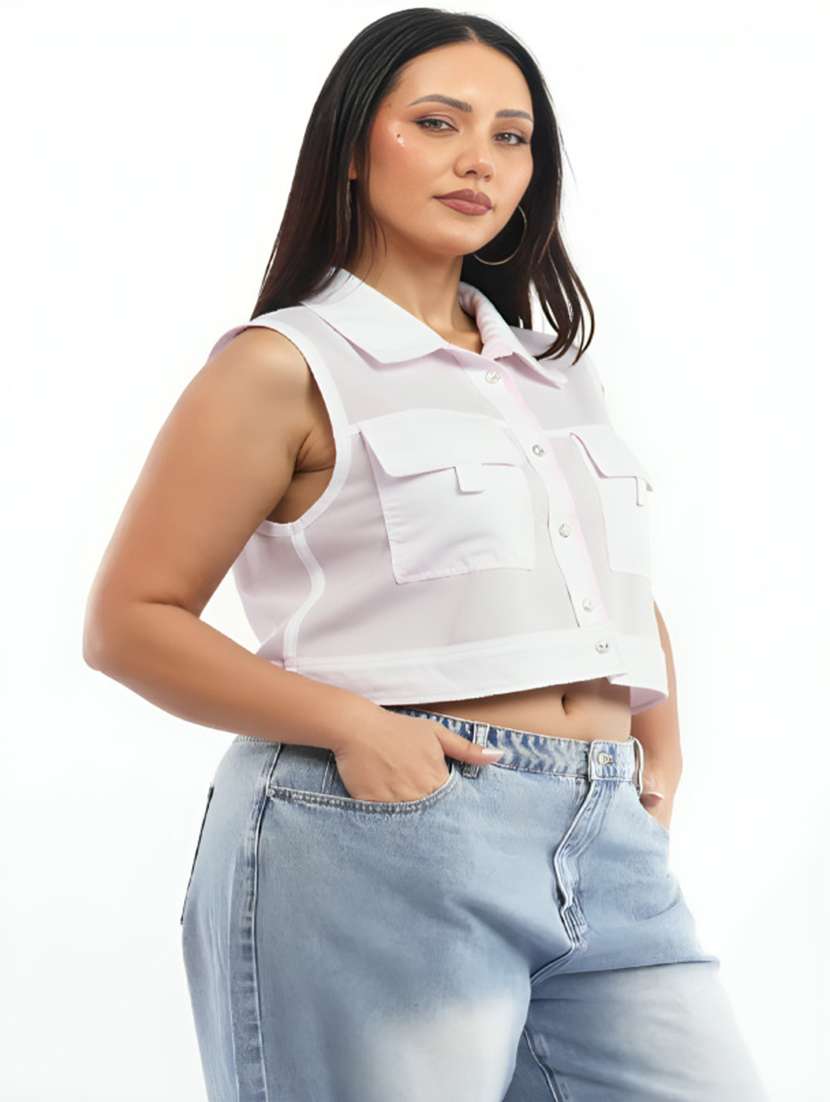 women plus size solid collared sleeveless crop top - 21960570 - Standard Image - 1