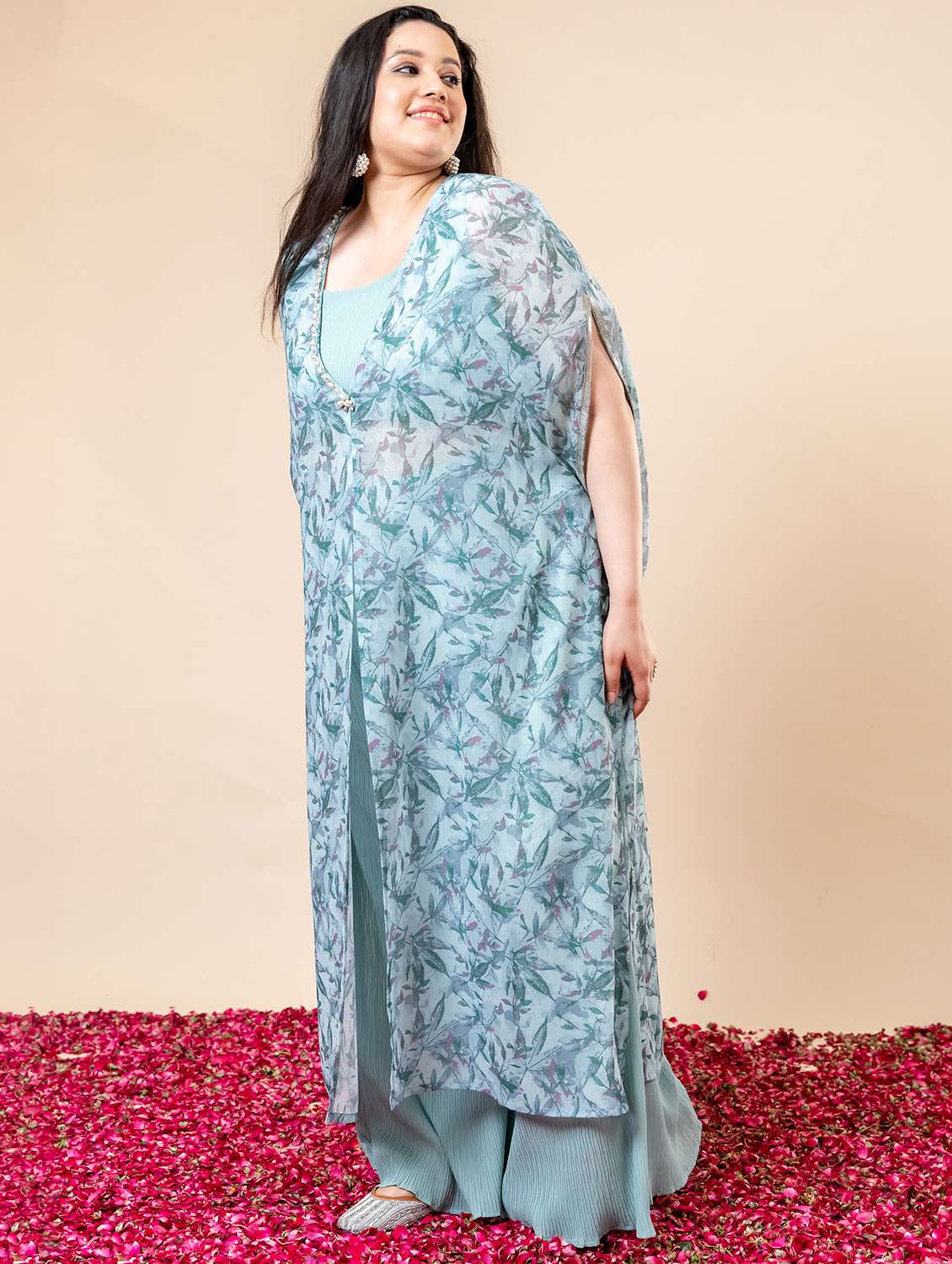 women printed top and trouser with jacket fusion set - 21960598 - Standard Image - 1