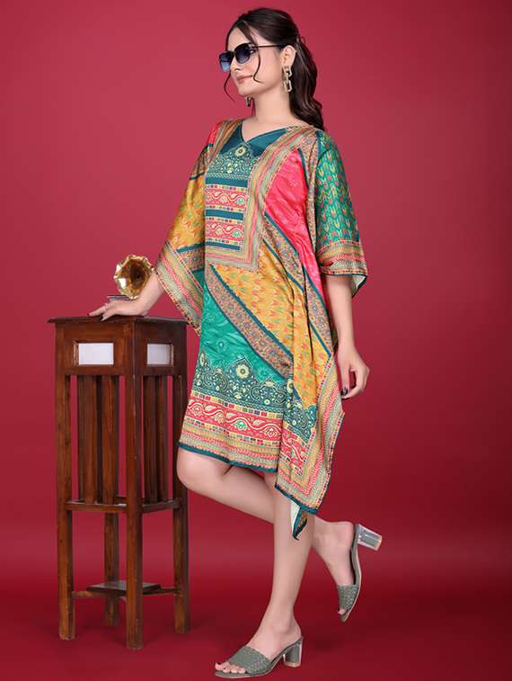 women printed kimono sleeve kaftan dress