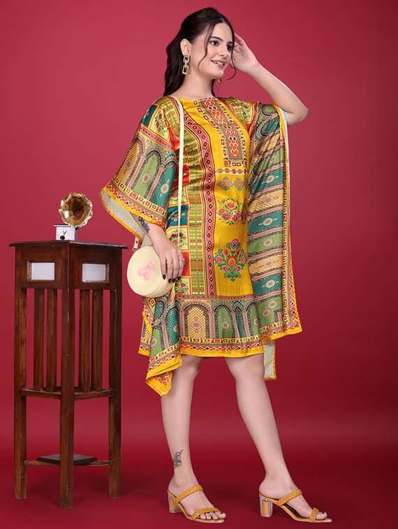 women printed kimono sleeve kaftan dress