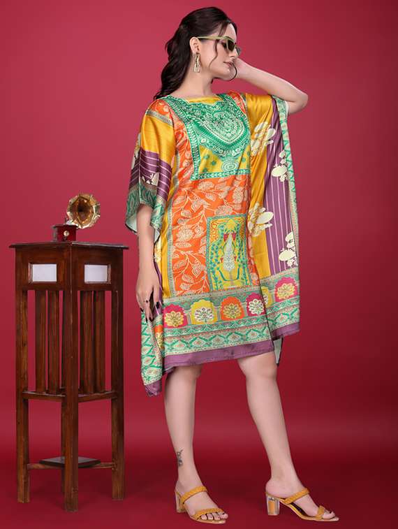 women printed kimono sleeve kaftan dress