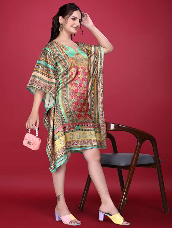 women printed kimono sleeve kaftan dress