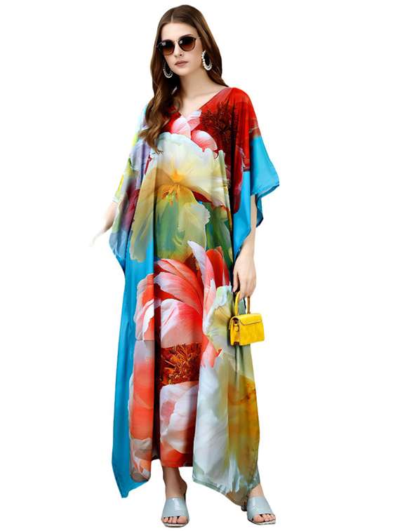 women printed kimono sleeve kaftan dress