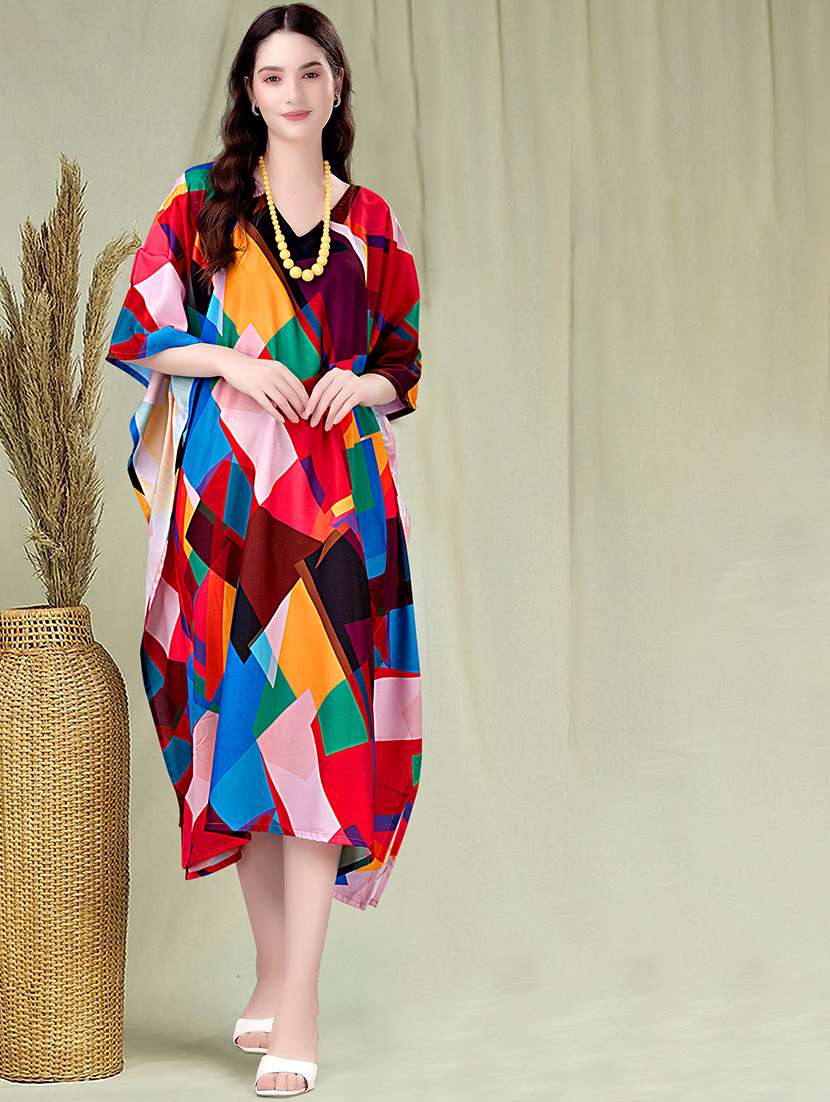 women printed kimono sleeve kaftan dress