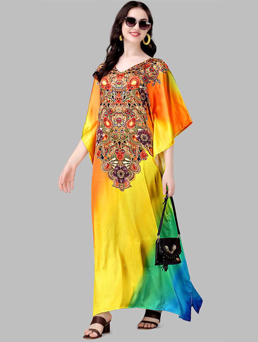 women printed kimono sleeve kaftan dress