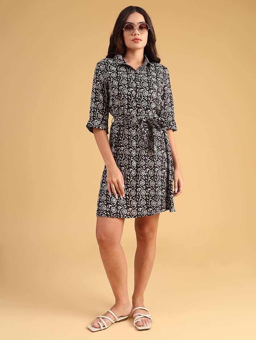 women printed three quarter sleeve fit & flare dress