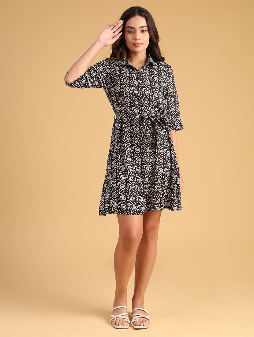 women printed three quarter sleeve fit & flare dress - 21961094 -  Standard Image - 1