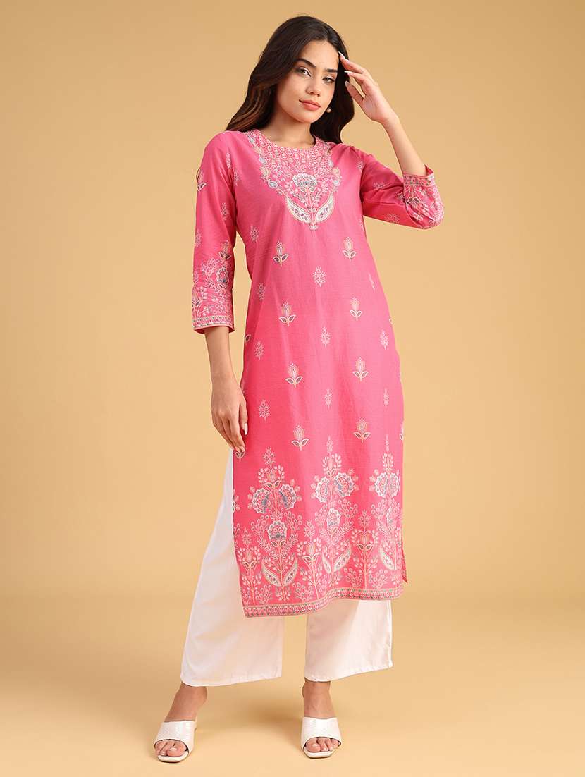 women embroidered three quarter sleeve straight kurta - 21961167 -  Standard Image - 1