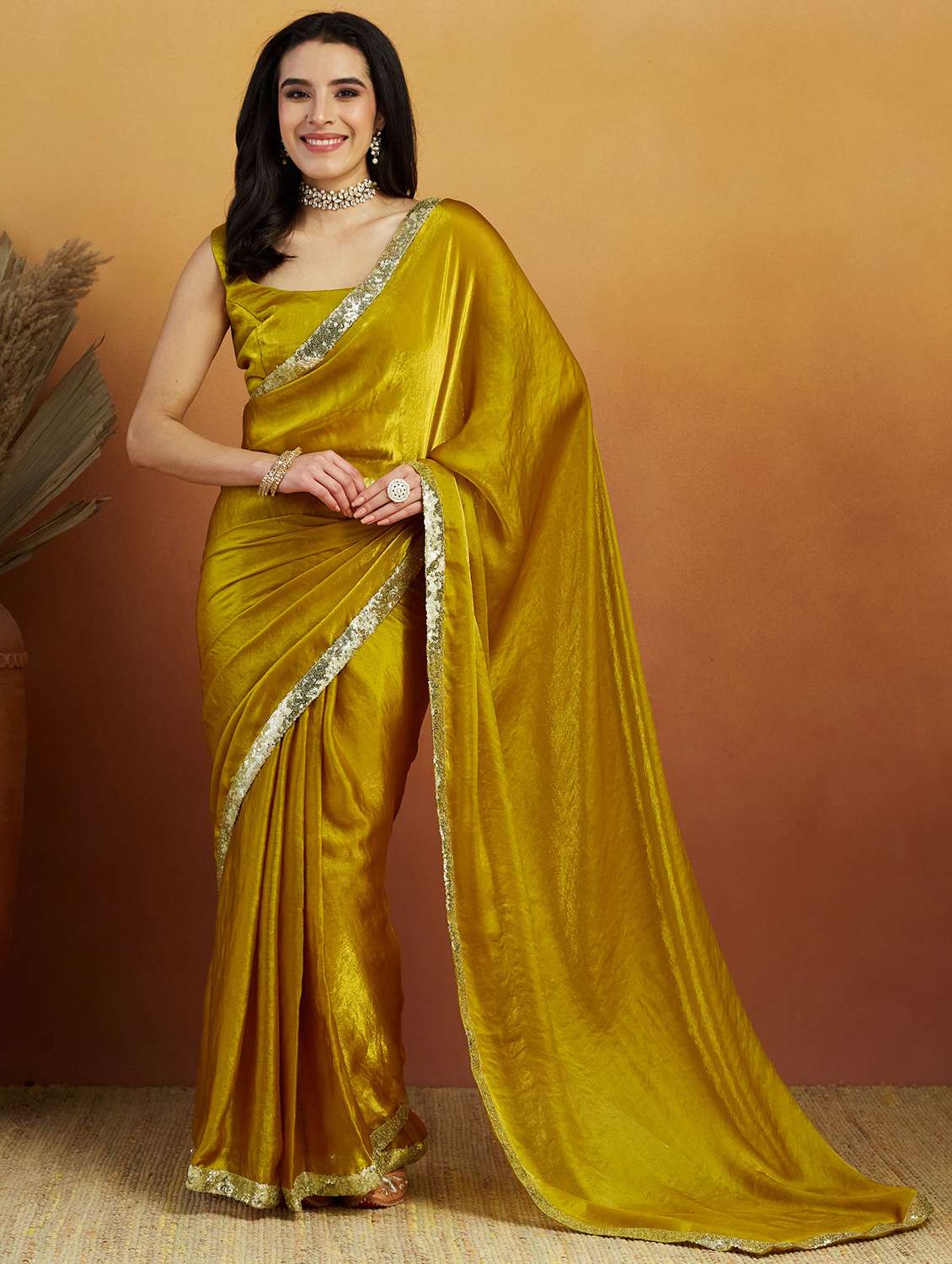 women solid with bordered ready to wear saree with blouse