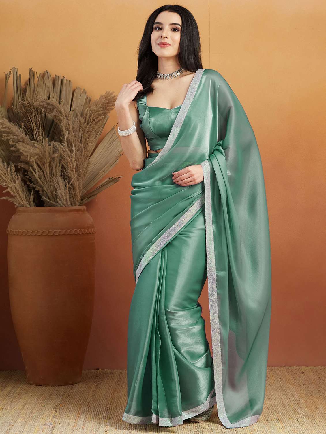 women solid with bordered ready to wear saree with blouse - 21961281 -  Standard Image - 1
