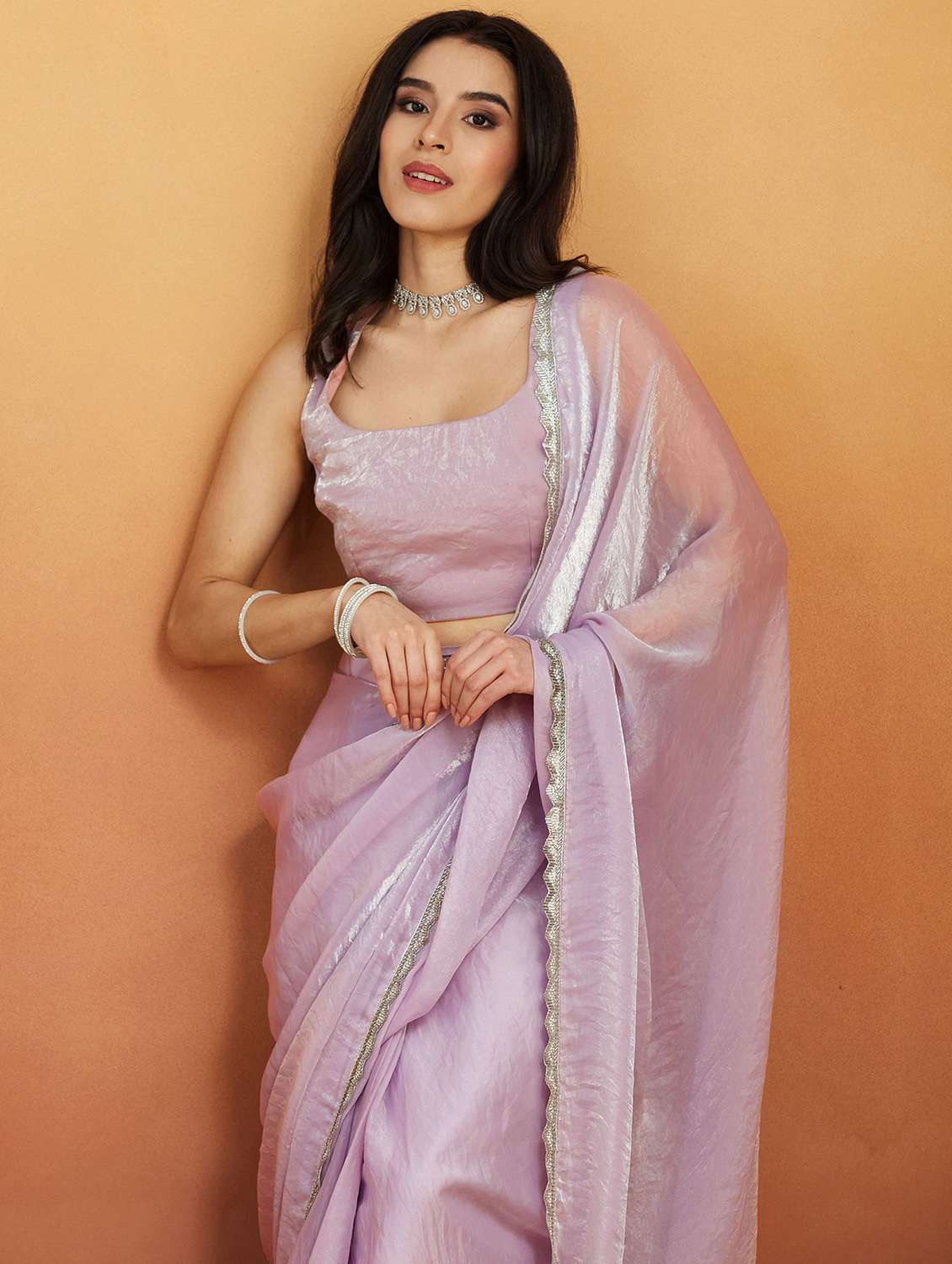 women solid with bordered ready to wear saree with blouse - 21961284 -  Standard Image - 4