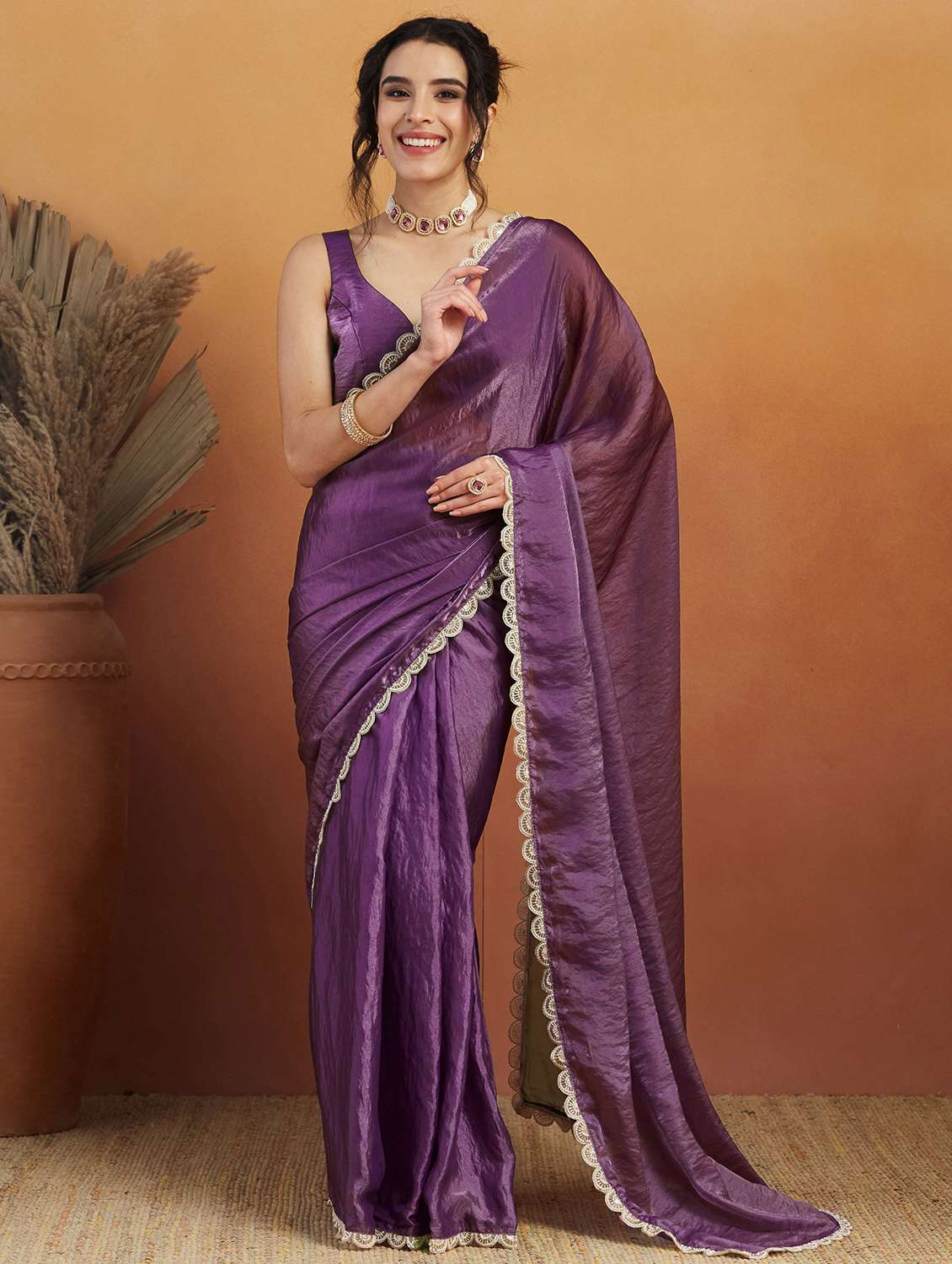 women solid with bordered ready to wear saree with blouse