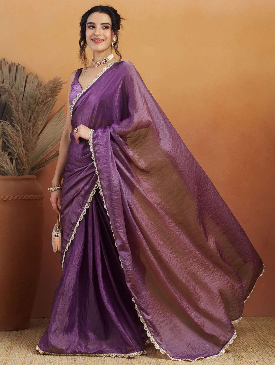 women solid with bordered ready to wear saree with blouse - 21961286 -  Standard Image - 1