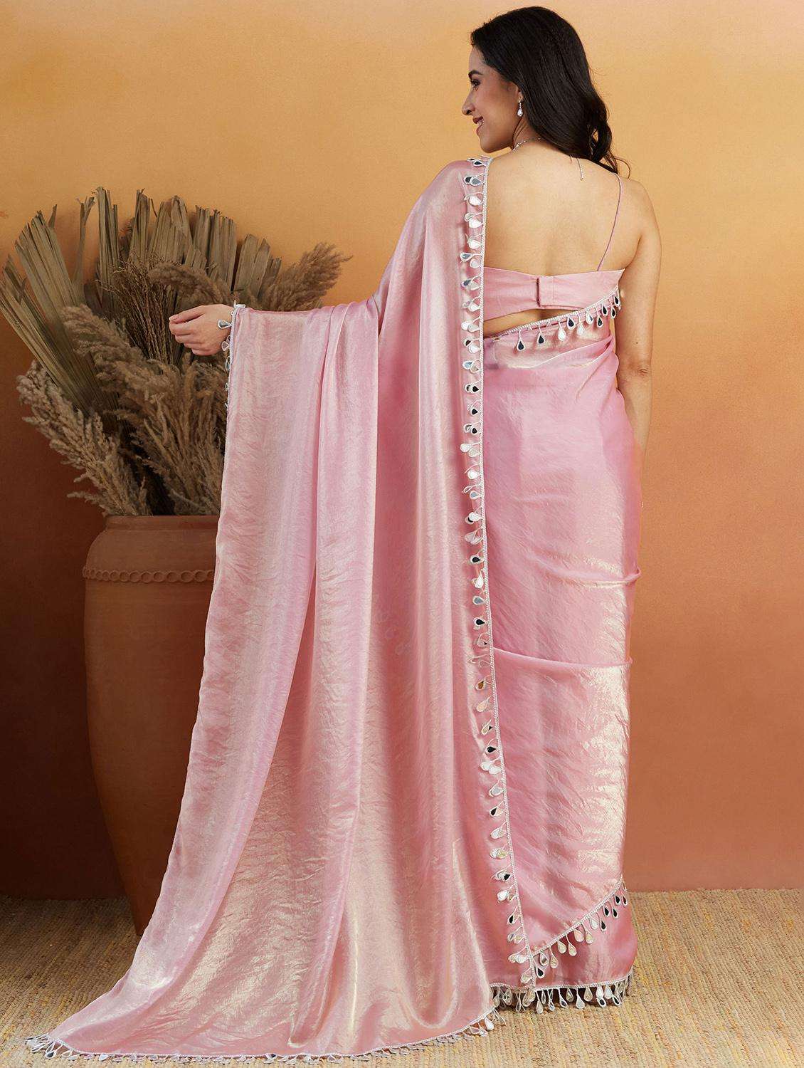 women solid with embellished bordered saree with blouse - 21961287 -  Standard Image - 4