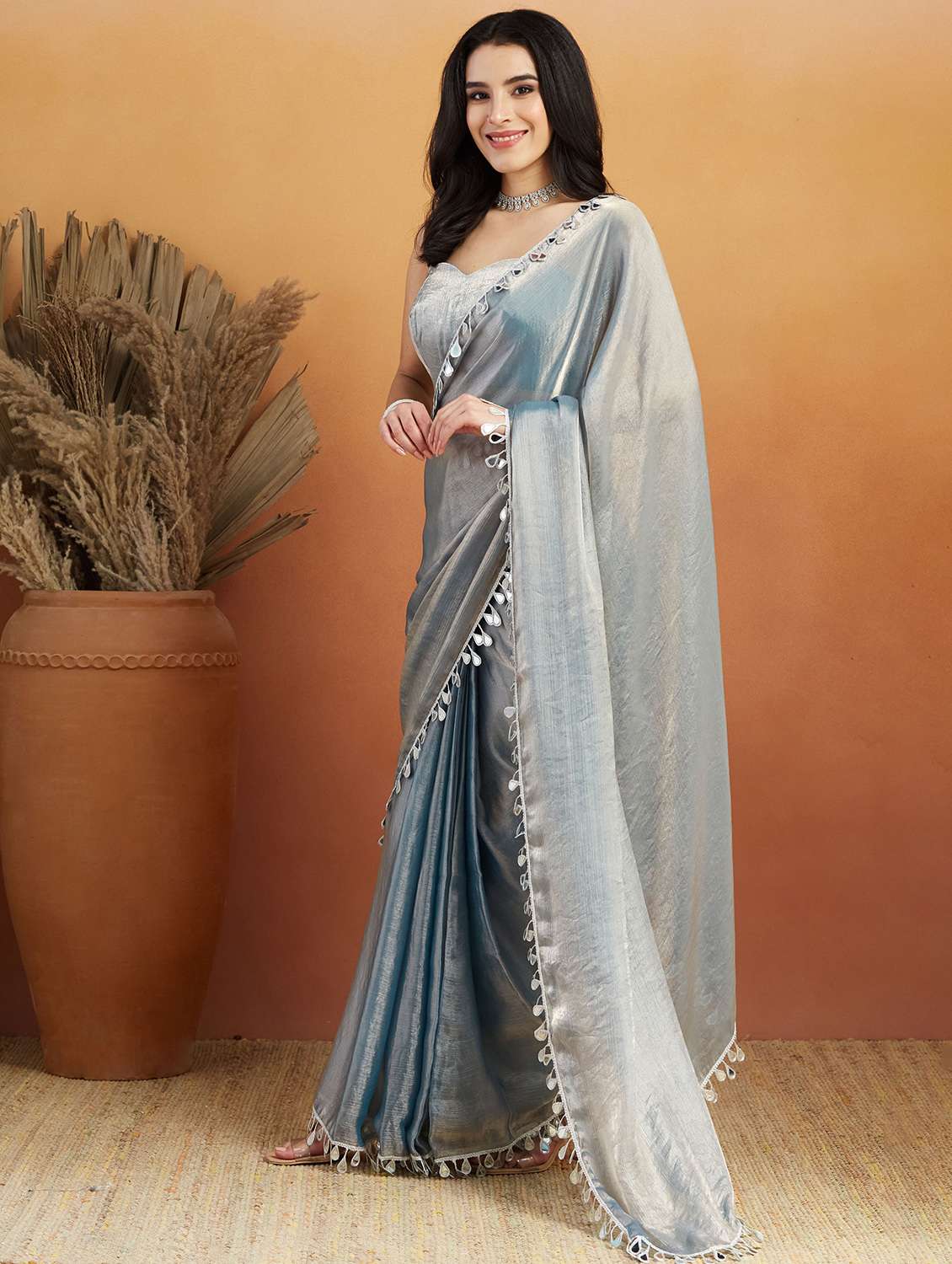 women solid with embellished bordered ready to wear saree with blouse - 21961288 -  Standard Image - 1