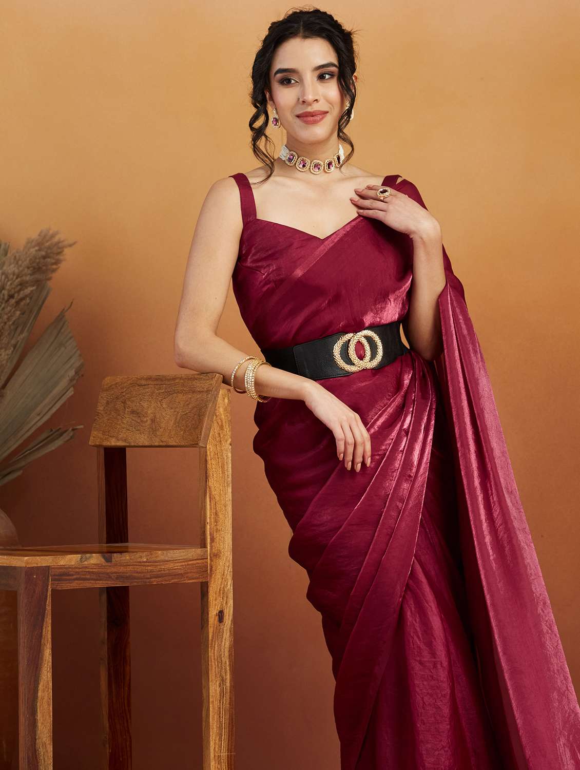 women maroon ready to wear saree with blouse - 21961293 -  Standard Image - 1