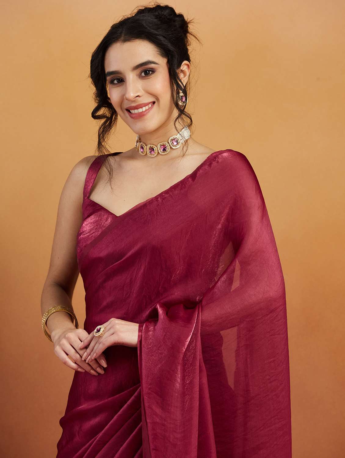 women maroon ready to wear saree with blouse - 21961293 -  Standard Image - 4