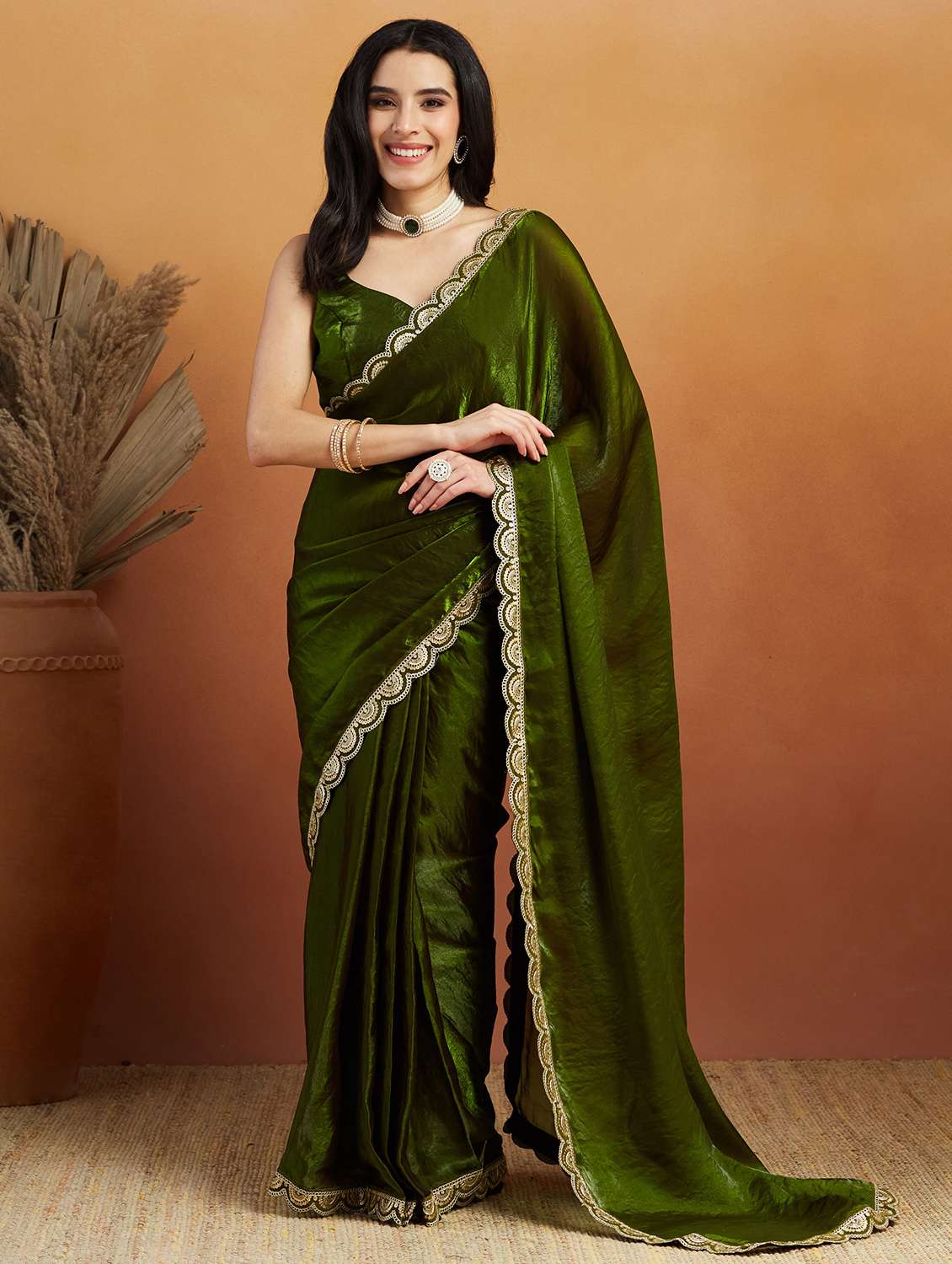 women green ready to wear saree with blouse