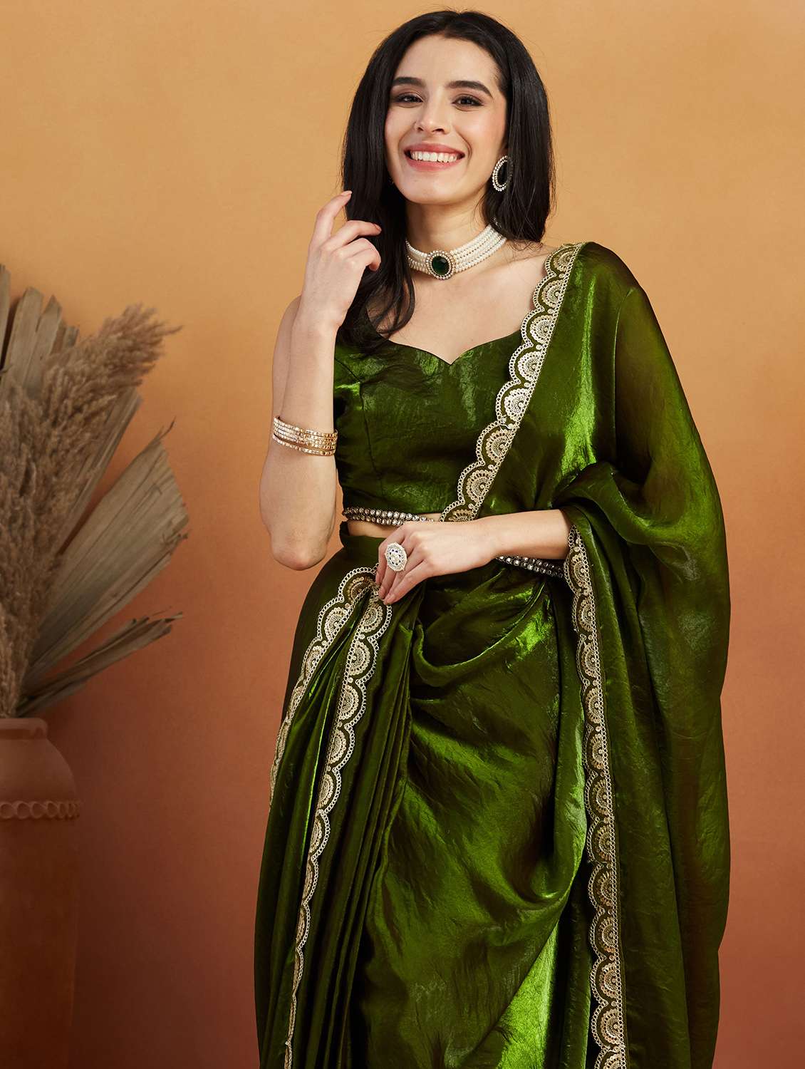 women green ready to wear saree with blouse - 21961294 -  Standard Image - 4