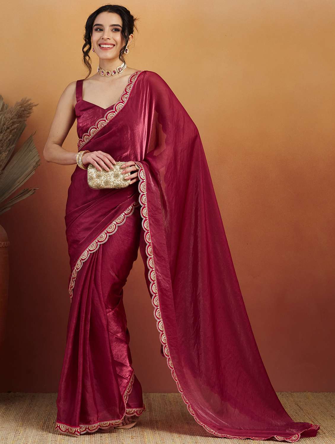 women maroon ready to wear saree with blouse