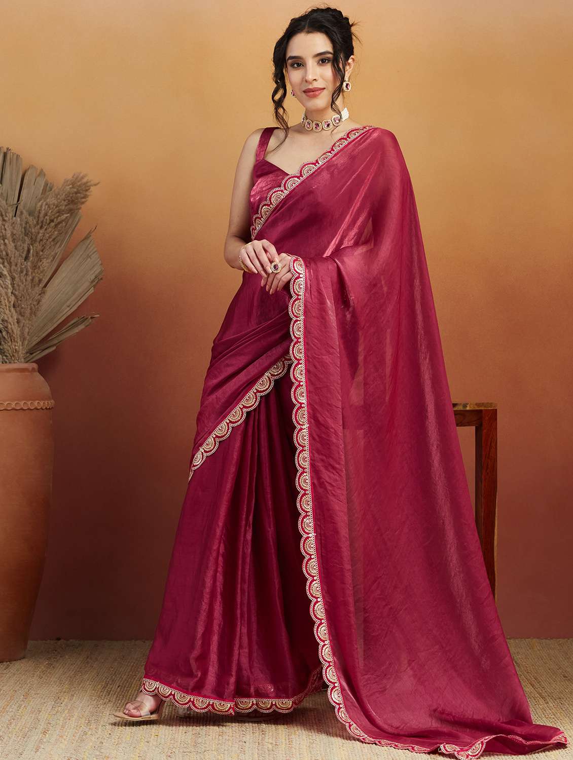 women maroon ready to wear saree with blouse - 21961295 -  Standard Image - 1