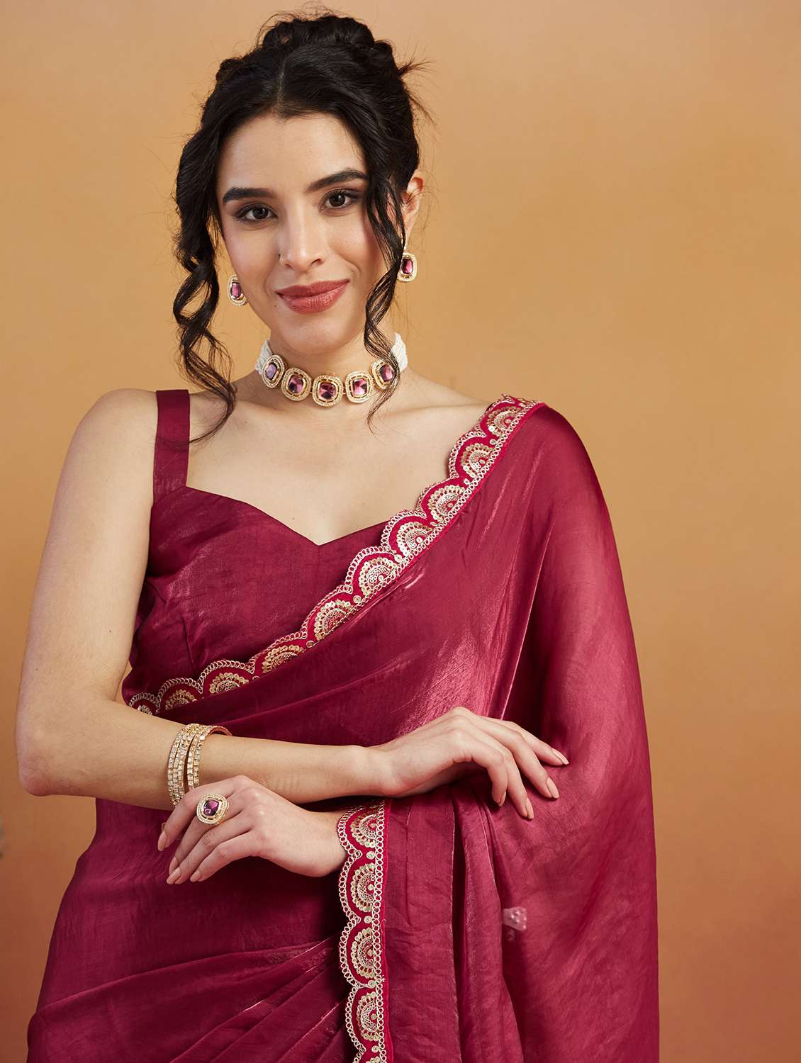 women maroon ready to wear saree with blouse - 21961295 -  Standard Image - 4