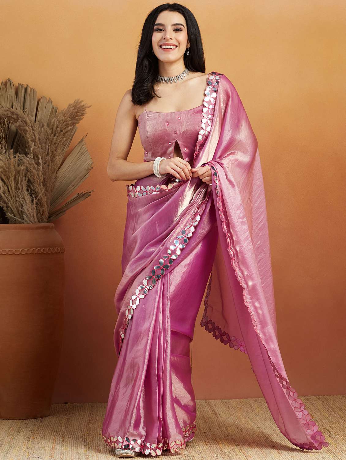 women solid with bordered ready to wear saree with blouse - 21961296 -  Standard Image - 1