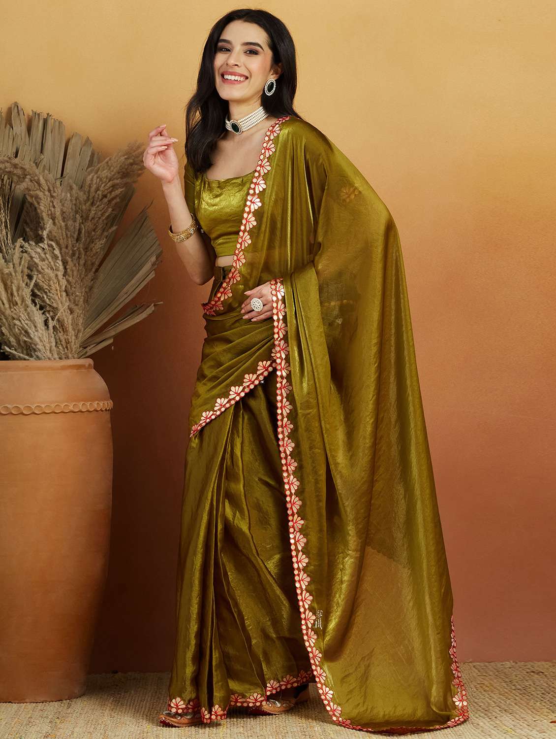 women solid with bordered ready to wear saree with blouse - 21961297 -  Standard Image - 1