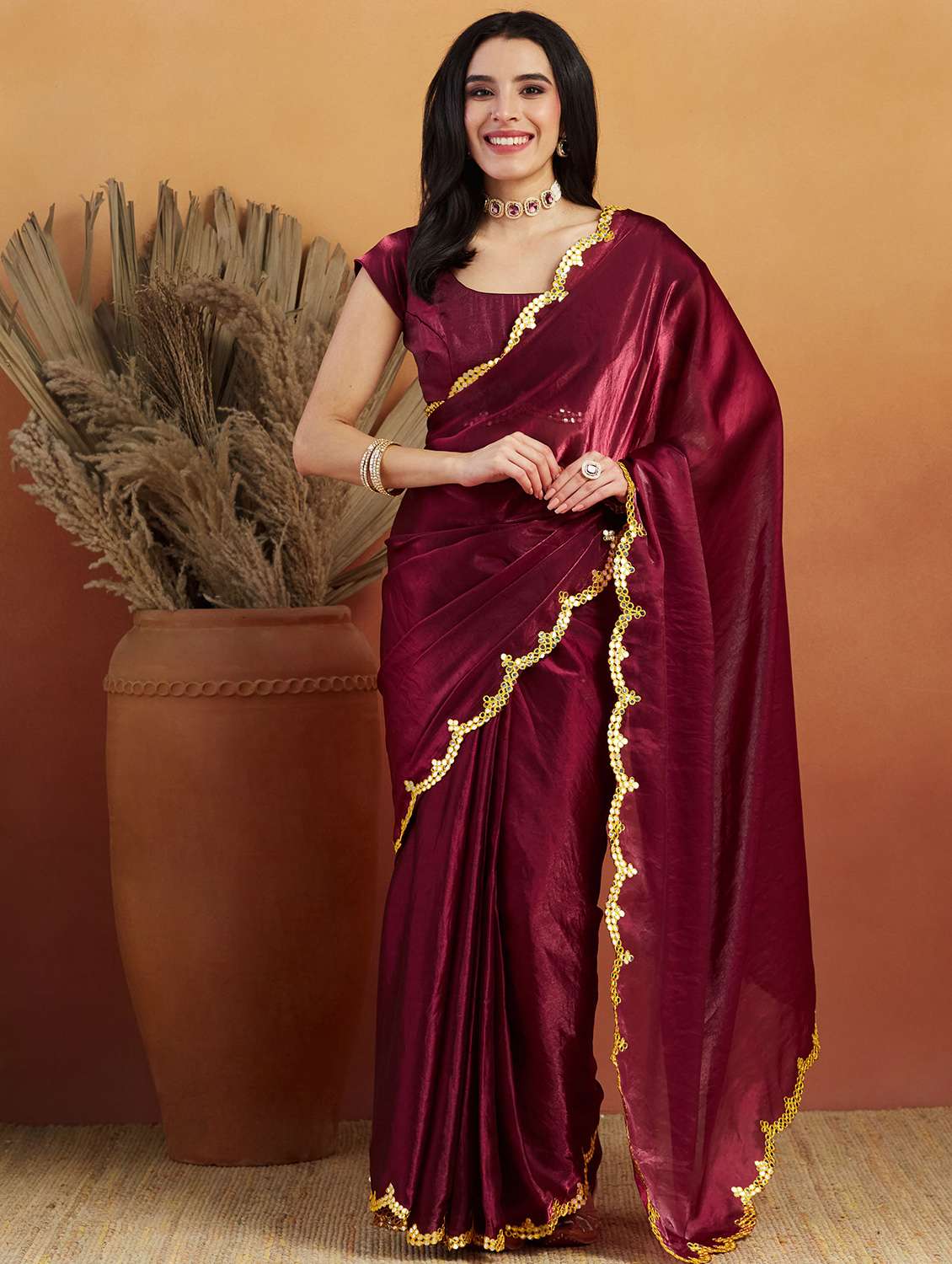 women solid with bordered ready to wear saree with blouse
