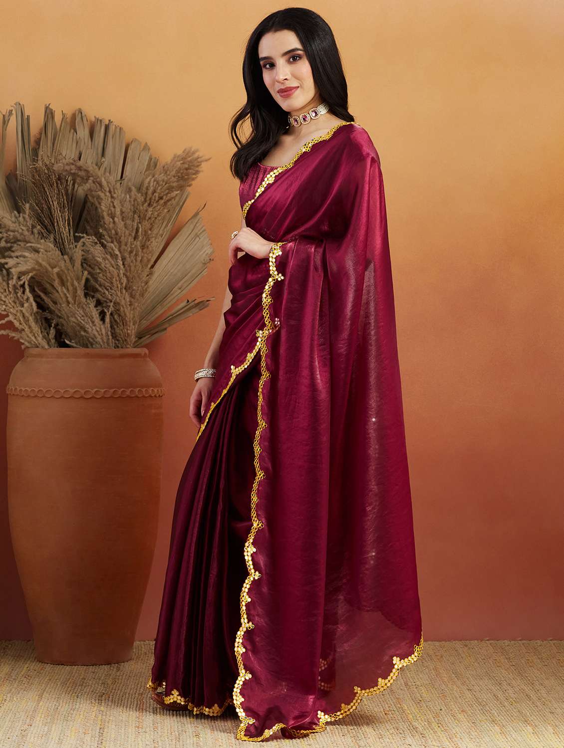 women solid with bordered ready to wear saree with blouse - 21961299 -  Standard Image - 1