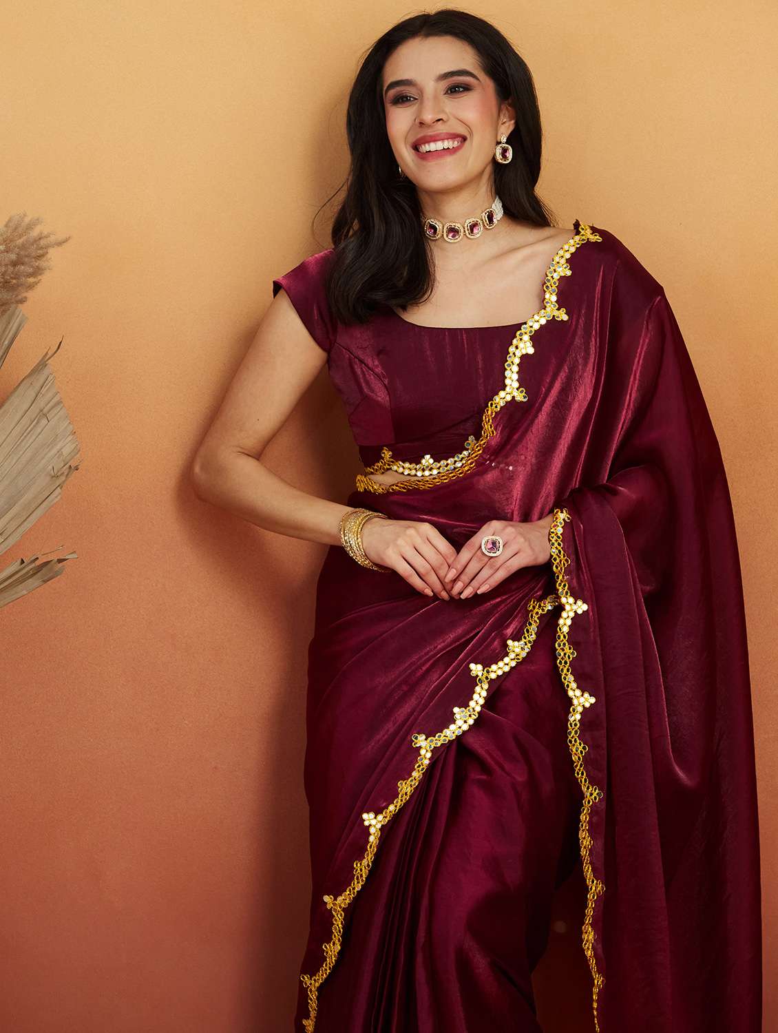 women solid with bordered ready to wear saree with blouse - 21961299 -  Standard Image - 4