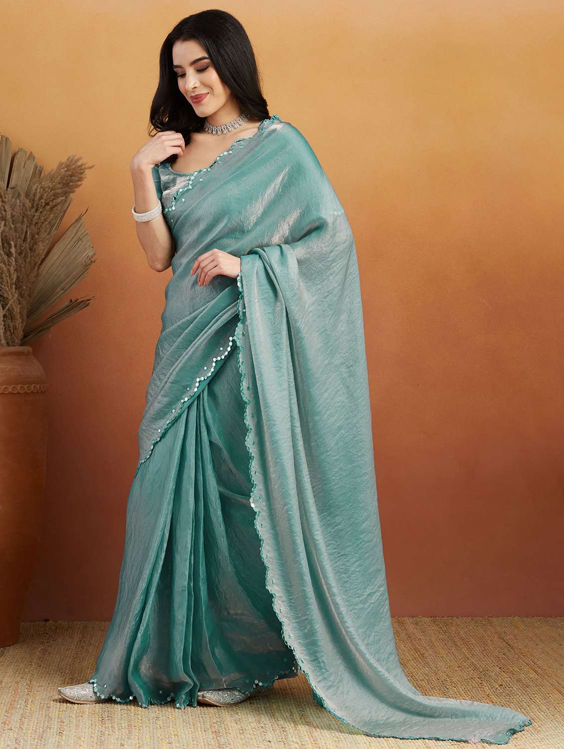 women solid with bordered ready to wear saree with blouse - 21961300 -  Standard Image - 1