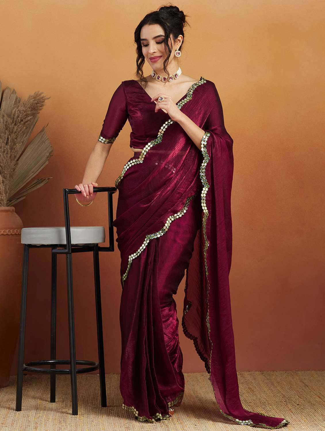 women solid with bordered ready to wear saree with blouse