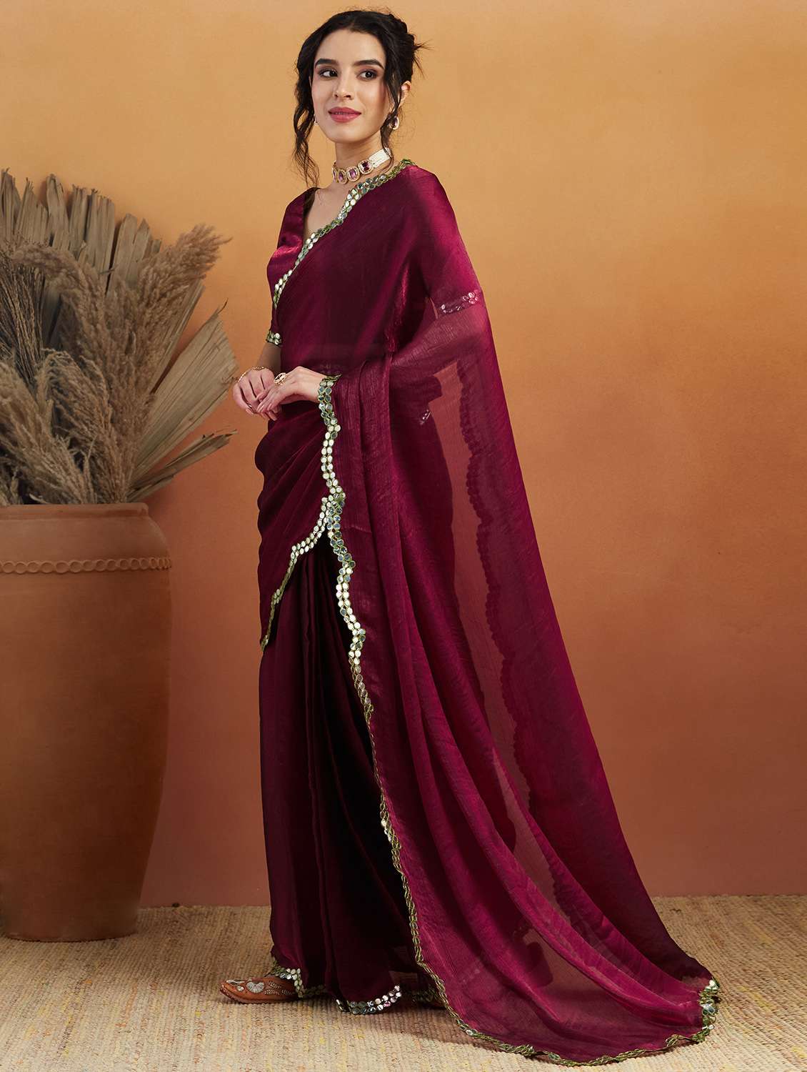 women solid with bordered ready to wear saree with blouse - 21961301 -  Standard Image - 1