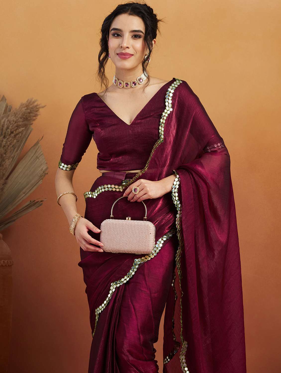 women solid with bordered ready to wear saree with blouse - 21961301 -  Standard Image - 4