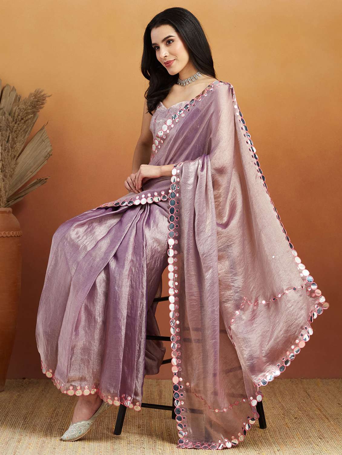 women solid with bordered ready to wear saree with blouse - 21961302 -  Standard Image - 1