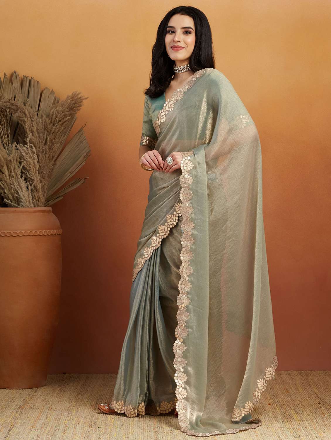 women solid with bordered ready to wear saree with blouse - 21961303 -  Standard Image - 1