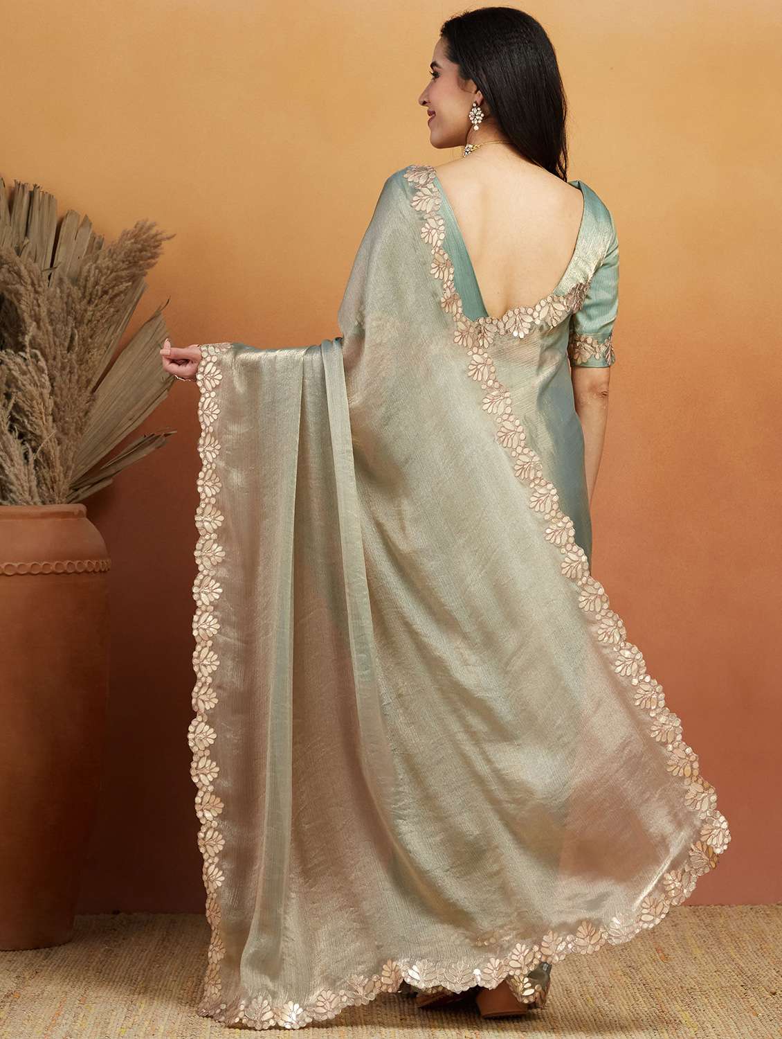 women solid with bordered ready to wear saree with blouse - 21961303 -  Standard Image - 4