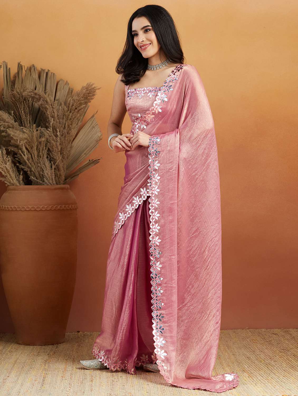 women solid with bordered ready to wear saree with blouse - 21961304 -  Standard Image - 1