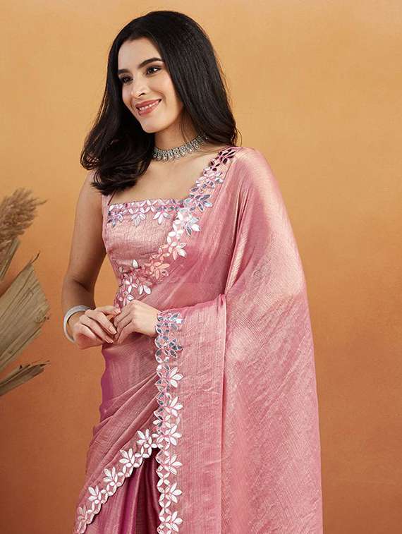 women solid with bordered ready to wear saree with blouse - 21961304 -  Standard Image - 1