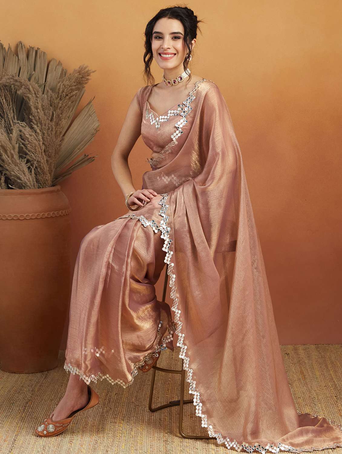 women solid with bordered ready to wear saree with blouse - 21961305 -  Standard Image - 1