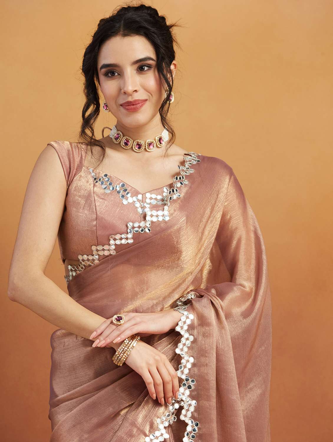 women solid with bordered ready to wear saree with blouse - 21961305 -  Standard Image - 4