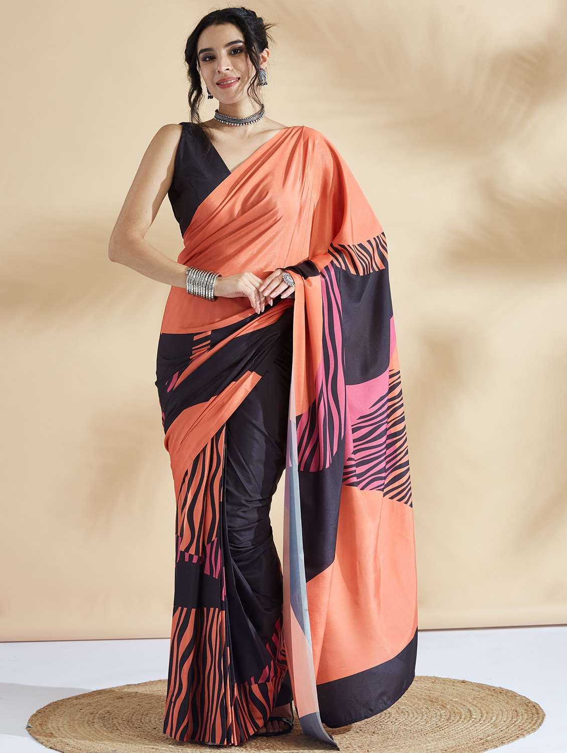 women printed ready to wear saree with blouse