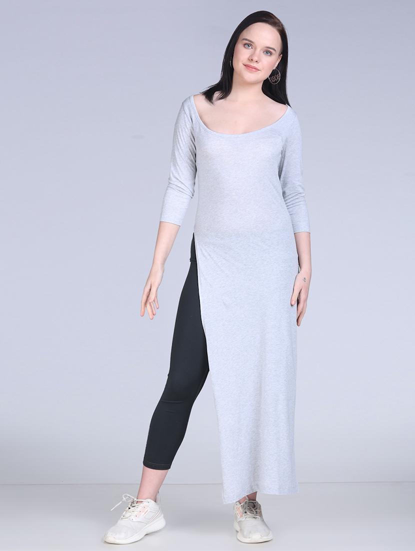 women solid scoop neck long straight top - 21961346 -  Standard Image - 1