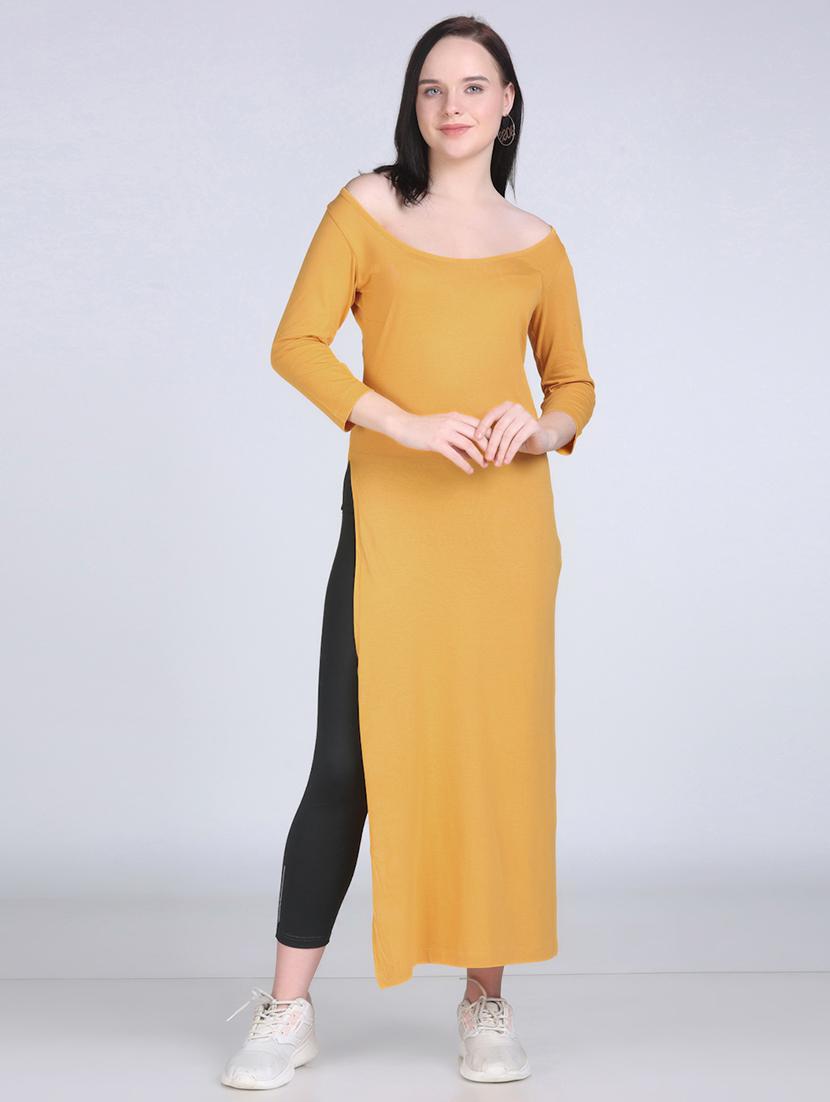 women solid scoop neck long straight top - 21961347 - Standard Image - 1
