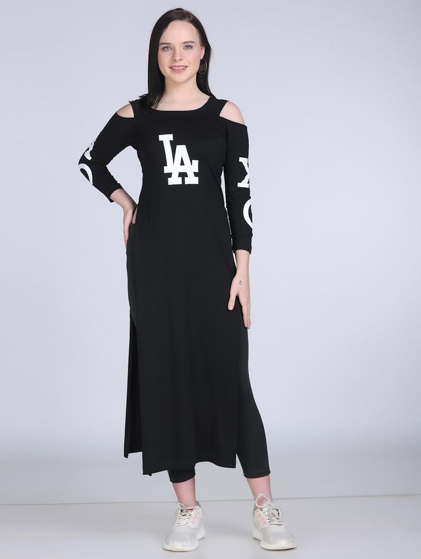 women printed cold shoulder long straight top - 21961350 - Standard Image - 1