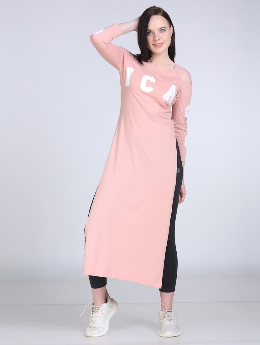 women printed cold shoulder long straight top - 21961357 - Standard Image - 1