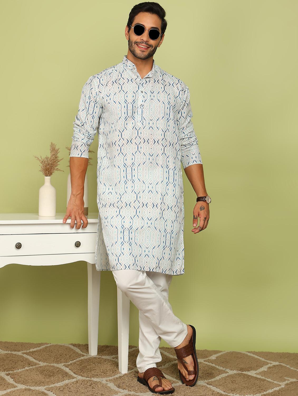 men printed mandarin neck long kurta - 21961377 - Standard Image - 1