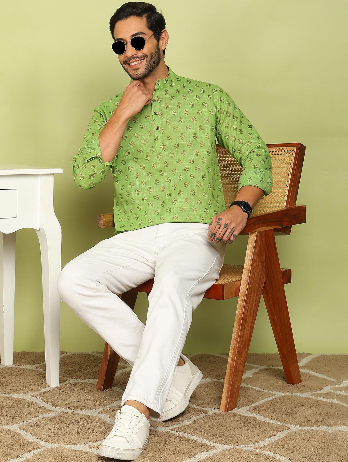 men printed mandarin neck short kurta - 21961380 - Standard Image - 4